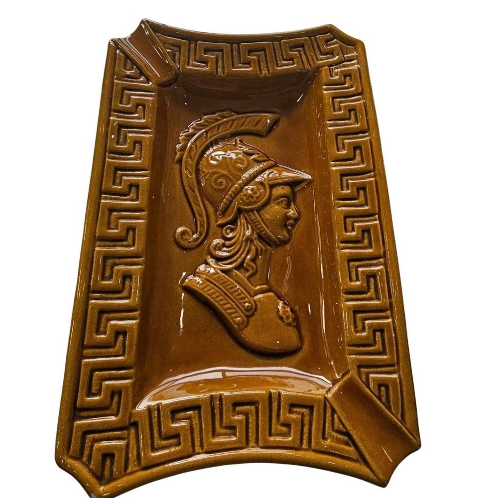 Vintage mustard yellow ceramic Greek ashtray featuting mythological Decor